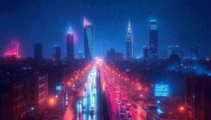 Cyberpunk Cityscape 4K Desktop Background, Rainy Night Urban Wallpaper
