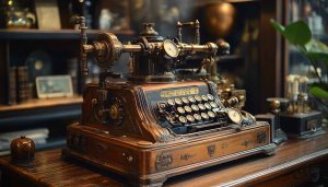 Antique Typewriter Steampunk Desktop Background 4K, Vintage Office Wallpaper