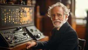 Inventor with Antique Electronic Device 4K Desktop Mobile Wallpaper