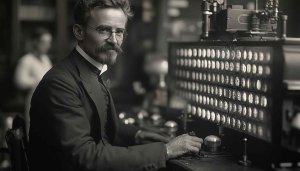 Vintage Scientist Portrait 4K Desktop Wallpaper, Black and White Background