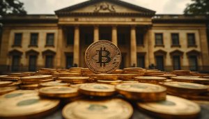 Golden Bitcoin Pile with Grand Building Background 4K Desktop Wallpaper