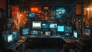 Cyberpunk Hacker Room Computer Setup 4K Desktop Wallpaper
