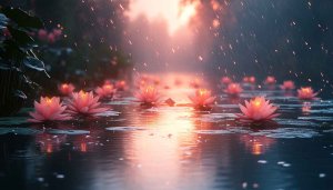 Pink Water Lilies in Rain 4K Desktop Background Wallpaper