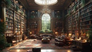 Grand Library Interior Wallpaper: Classic Study Room, High Resolution Background