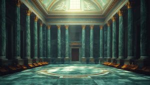 Grand Hall Interior Wallpaper, Luxurious Marble Columns Desktop Background
