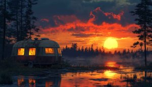 Vintage Trailer by Lake at Sunset Free Desktop Wallpaper 4K