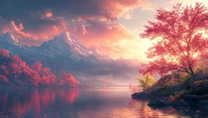Pink Spring Blossom Tree Lake Mountain 4K Desktop Wallpaper