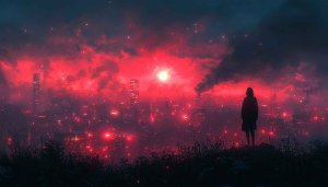 Cyberpunk Cityscape Red Sky 4K Desktop Background Mobile Wallpaper