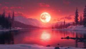 Red Moon over Snowy Mountain Lake 4K Desktop Wallpaper