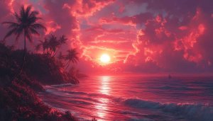 Crimson Beach Sunset Wallpaper - Tropical Island Mobile Background 4K