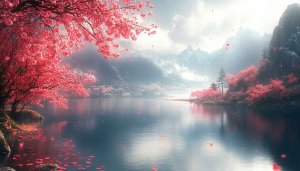 Pink Cherry Blossom Lake 4K Desktop Background Mobile Wallpaper Free