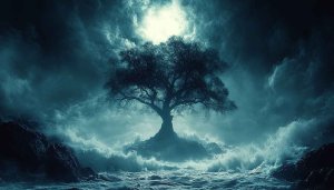 Lonely Tree in Ocean Waves Dark Fantasy 4K Desktop Wallpaper