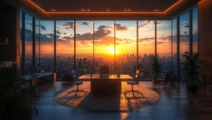 Cityscape Sunset Office View 4K Desktop Wallpaper Background