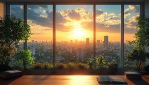 City View Sunset 4K Desktop Background with Plants Wallpaper
