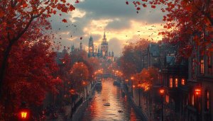 Autumn Canal Cityscape Wallpaper 4K Desktop Background Free