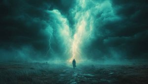 Dramatic Storm Lightning Wallpaper 4K: Man Walking Under Electric Sky