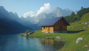 Lake Cabin with Solar Panels Mountain View 4K Desktop Wallpaper