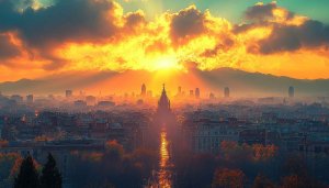 Barcelona Skyline Sunset Wallpaper, 4K Cityscape Background for Desktop