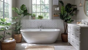 Serene Bathroom Interior 4K Desktop Background With Fiddle Leaf Fig