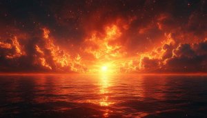 Fiery Sunset Ocean 4K Wallpaper, Dramatic Red Clouds Background