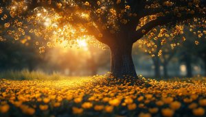 Golden Flower Field Under Tree Mobile Wallpaper Desktop Background