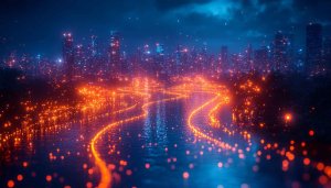 Futuristic Glowing Cityscape 4K Wallpaper, Orange and Blue City Lights