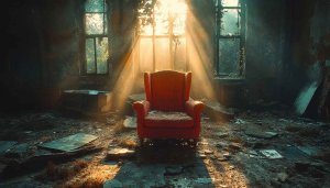Abandoned Room with Red Armchair Sunlight - 4K Desktop Wallpaper