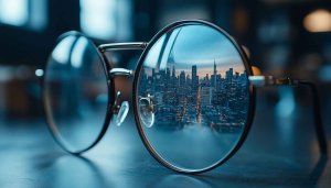 Cityscape Reflection Glasses Desktop Wallpaper | Free 4K Mobile Background