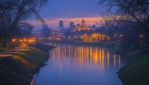 Downtown Cityscape Skyline at Dusk Mobile Wallpaper, River Reflections