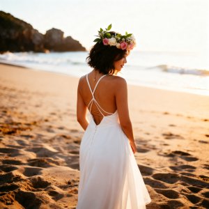Boho Wedding Dress Beach Bride with Flower Crown 4K Desktop Background