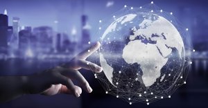 Global Network Technology 4K Desktop Background with Hand Touching Earth