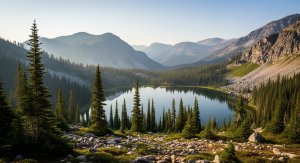 Majestic Mountain Lake Scenery with Pine Trees - Free 4K Desktop Background