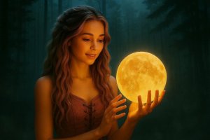 Mystical Woman Holding Moon in Dark Night