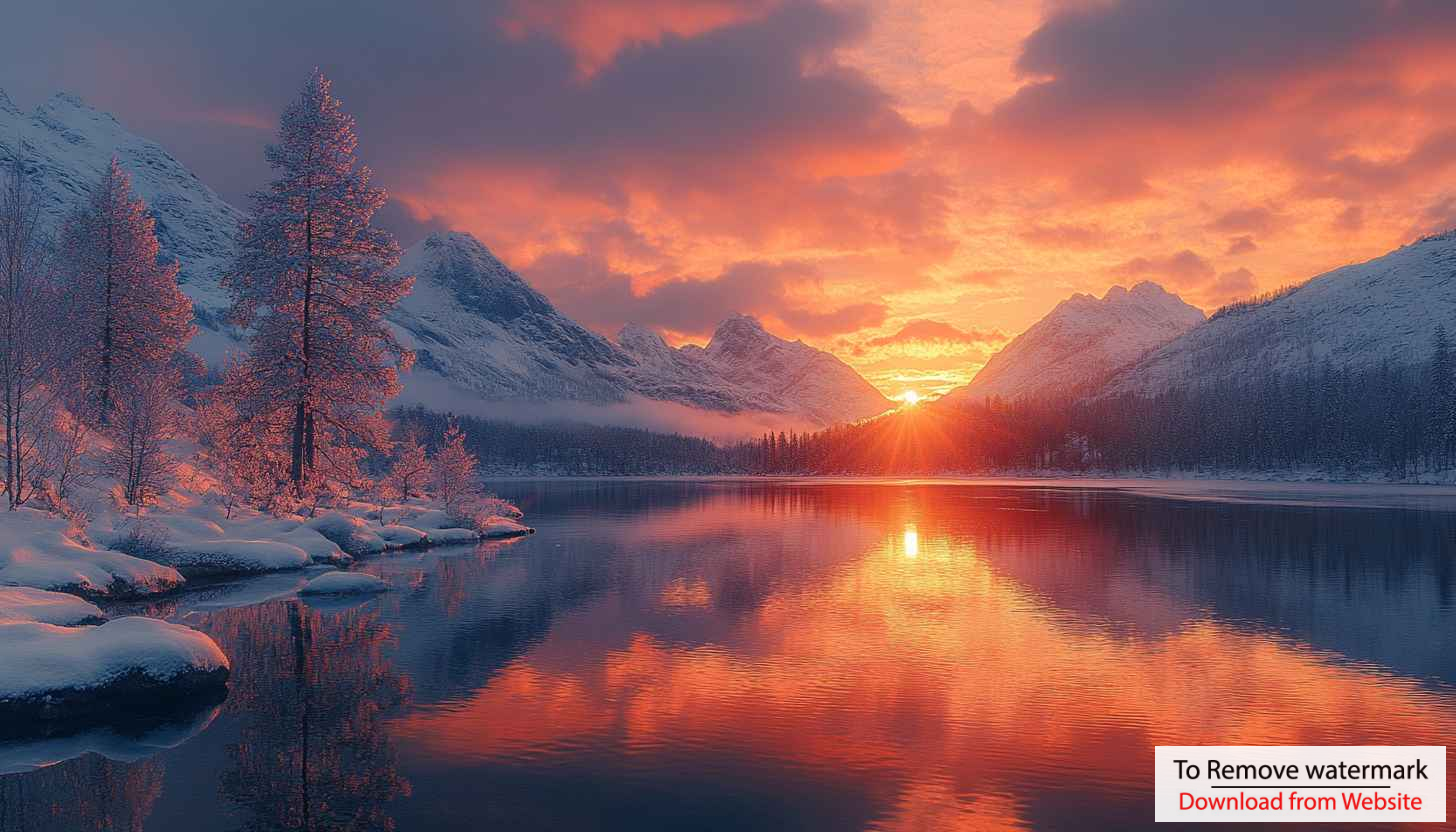 Winter Sunrise Lake Reflection 4K Desktop Mobile Background Wallpaper